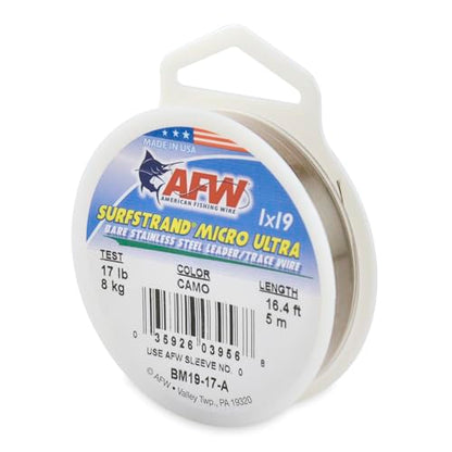 American Fishing Wire Surfstrand Micro Ultra Bare 1x19 Stainless Steel Leader Wire - Fishing Leader Line for Saltwater, 6.6lb Test - 61lb Test, Camo Color, 5m Length - style: 17 Lb / 5 M