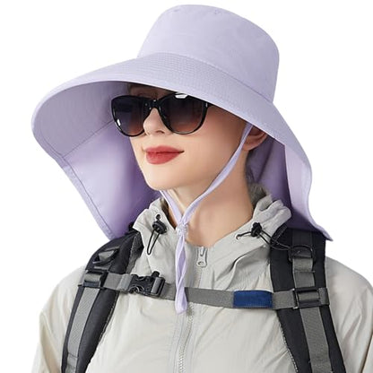 HUAMULAN Men Summer Sun Hat Women Safari Wide Brim Fishing Hats UV Protection Neck Flap Bucket Gardening Hiking Hunting Cap - color: Bg8112-lightpurple