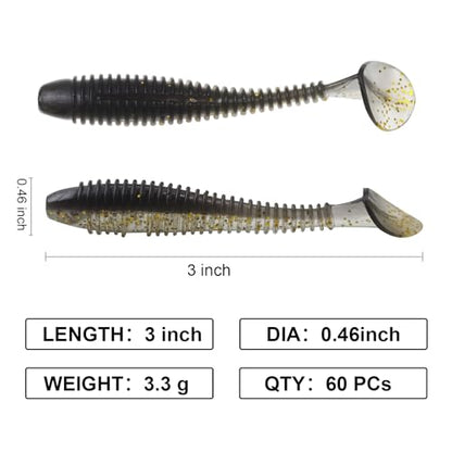 Paddle Tail Swimbaits, 2.5 inch/3inch Soft Lures Fishing Trout Crappie Bass for Freshwater and Saltwater 75PCS/60PCS - color: Black Crystal Translucent, size: 2.5 inch, 75 PCs