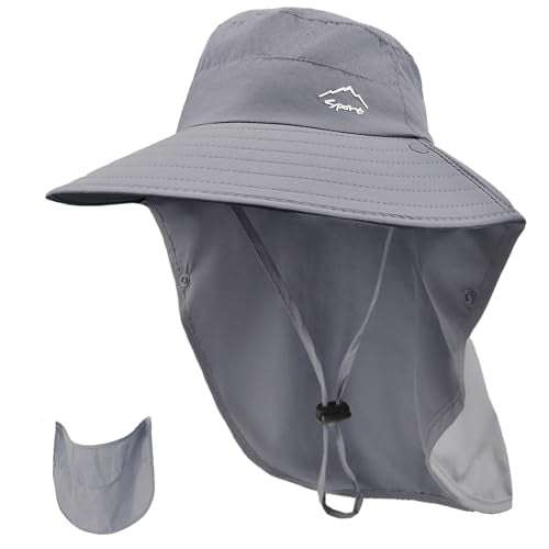 Rosoz Sun Hat for Men Women with Neck Flap,Wide Brim UPF50+ Fishing Hat with Detachable Face Cover Outdoor Sun Protection Hat - color: 1pack-dark Grey