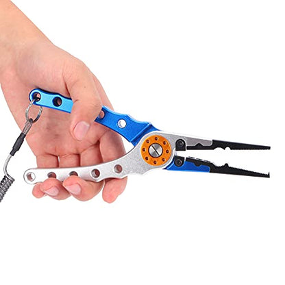 Fishing Pliers Saltwater, Split Pliers Hook Remover, with Safety Lock, Split Pliers Tools, with Sheath and Lanyard, Aluminum Alloy Multi Function Fish Tools - color: Blue Silver