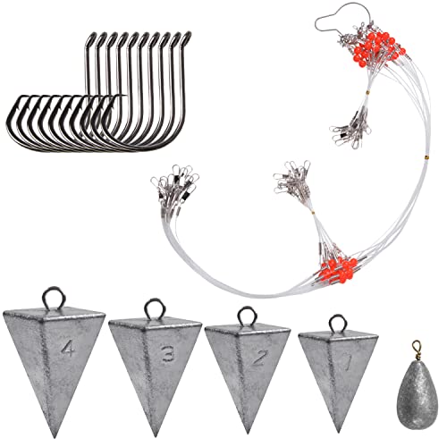 Saltwater Surf Fishing Tackle Kit - Saltwater Surf Fishing Rigs Bottom Rigs Include Fishing Leader Rigs Pyramid Sinkers Bass Casting Sinker Circle Hooks for Striped Bass Red Drum Flounder - color: Clear