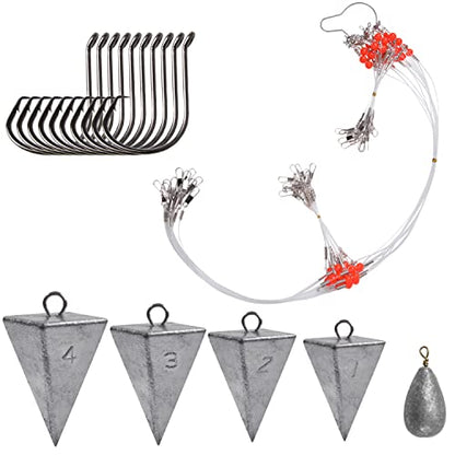 Saltwater Surf Fishing Tackle Kit - Saltwater Surf Fishing Rigs Bottom Rigs Include Fishing Leader Rigs Pyramid Sinkers Bass Casting Sinker Circle Hooks for Striped Bass Red Drum Flounder - color: Clear