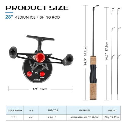 QualyQualy Ice Fishing Rod and Reel Combo 24 inch M/ML Inline Ice Fishing Combos 2 Different Tips for Walleye Perch Panfish and Trout - color: 28'' M/ML-Left