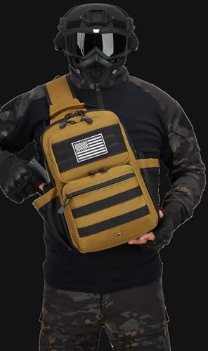 Tactical Sling Backpack Holster Range Shoulder Bag 15L Crossbody Bag Water Bottle Holder Radio Pouch 6 Elastic Slots - color: Brown Tan