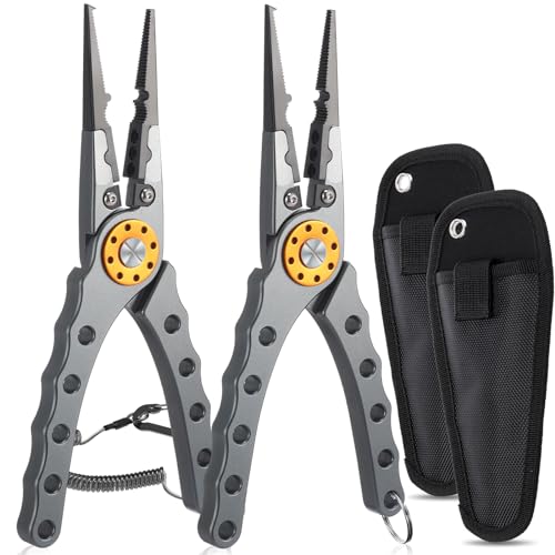 Lasnten 2 Pcs Fishing Pliers Saltwater Braid Cutters 7.8'' Fishing Hook Remover Split Ring Fishing Tools with Sheath and Lanyard Gear Gifts for Fish Line Cutting Boat Fly Ice Fishing (Gray) - color: Gray