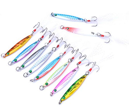 Aorace 10pcs Hard Metal Jigs Diving Sea Fishing Lures Minnow Popper Baits Tackle Crankbait Saltwater Freshwater Lures with Feather - color: 10pcs 5.5cm/10g