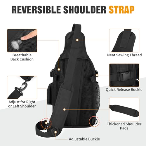 HUNTVP Fishing Sling Bag Lightweight Tackle Bag Small Fishing Backpack Tactical Shoulder Sling Bags with Rod Holder, Storage Gear and Equipment, Gifts for Men (Black) - color: Black