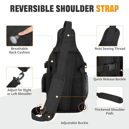 HUNTVP Fishing Sling Bag Lightweight Tackle Bag Small Fishing Backpack Tactical Shoulder Sling Bags with Rod Holder, Storage Gear and Equipment, Gifts for Men (Black) - color: Black