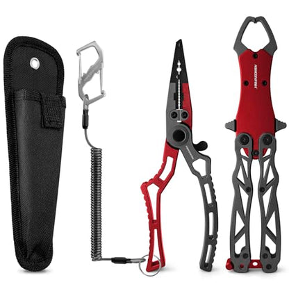Ashconfish Fish Lip Gripper Pliers - Upgraded Muti-Function Aluminum Alloy Hook Remover and Split Ring Pliers for Fly Fishing, Ice Fishing, Fishing Gear (Red) - color: Red