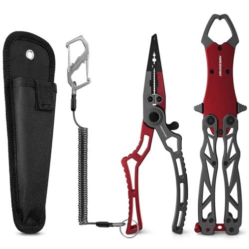 Ashconfish Fish Lip Gripper Pliers - Upgraded Muti-Function Aluminum Alloy Hook Remover and Split Ring Pliers for Fly Fishing, Ice Fishing, Fishing Gear (Red) - color: Red