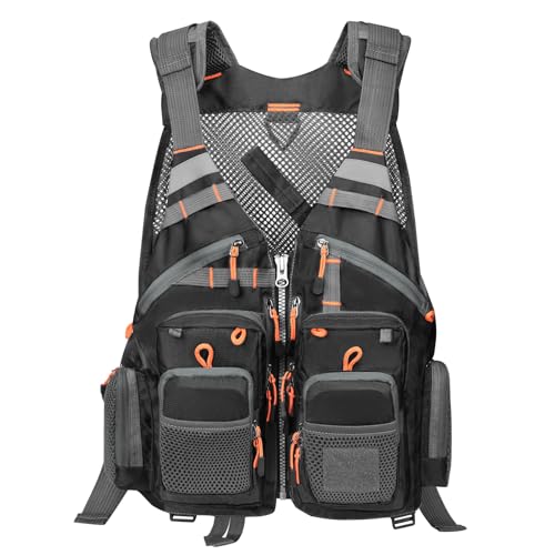 Gonex Fly Fishing Vest for Men Women, Comfortable Adjustable Fishing Vest with Multi-Pockets Reflective Stripes - color: Black+orange