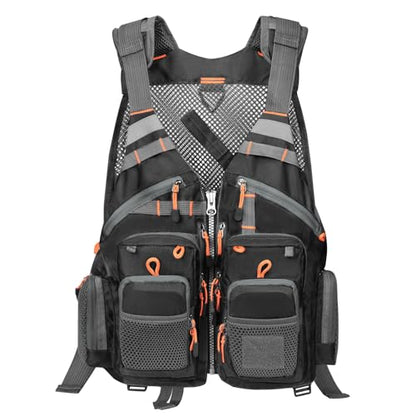 Gonex Fly Fishing Vest for Men Women, Comfortable Adjustable Fishing Vest with Multi-Pockets Reflective Stripes - color: Black+orange
