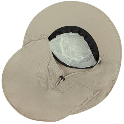 Rosoz Sun Hat for Men Women with Neck Flap,Wide Brim UPF50+ Fishing Hat with Detachable Face Cover Outdoor Sun Protection Hat - color: 1pack-khaki/Arm Sleeves