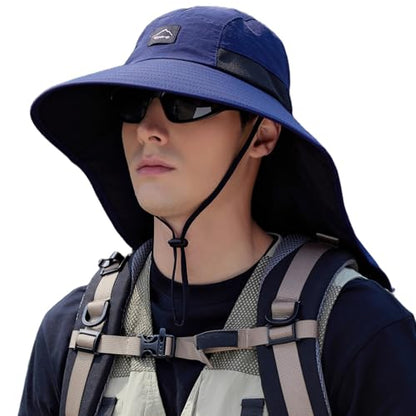 HUAMULAN Men Summer Sun Hat Women Safari Wide Brim Fishing Hats UV Protection Neck Flap Bucket Gardening Hiking Hunting Cap - color: Navy With Black Mesh