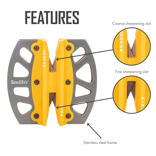 Smith’s 51176 Stainless Steel 2-Step Knife Sharpener | Yellow | Preset Coarse & Fine Slots | Outdoor Handheld Knife Sharpener | Fishing, Hunting, Filet, Pocket Knives | Portable Compact Keychain Tool - color: Yellow, style: 51176