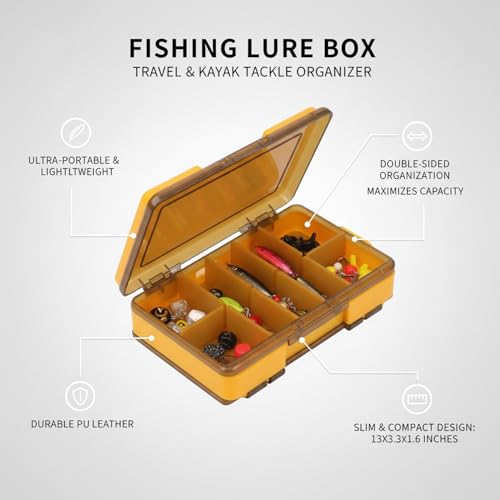 Double-Sided Fishing Lure Box, Slim PU Leather Tackle Organizer for Kayak & Travel, 13 x 3.3 x 1.6 Inches - color: Yellow