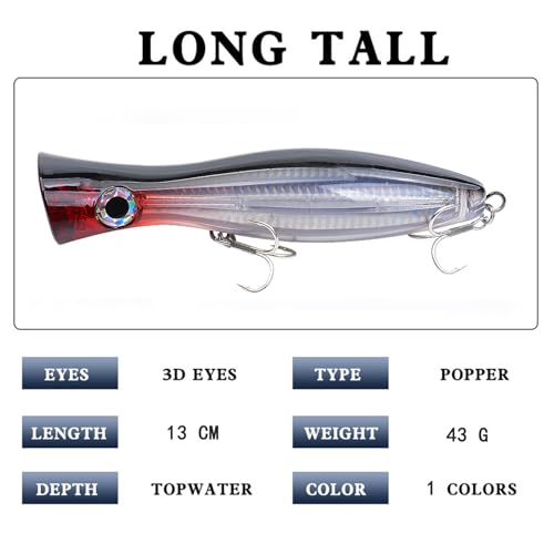 Popper Fishing Lure, JAZALIC 1 PCS Topwater Popper Lures 3D Eyes Fishing Accessories for Saltwater Surface Casting and Freshwater Gt Tuna Kingfish Large Predator Fish (6.3in, 2.82Oz) - color: Black