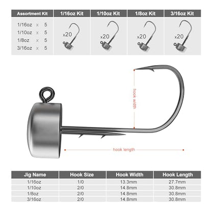 Ned Rig Jig Heads, 20 Pack Finesse Mushroom Jig Hooks Kit for Bass Fishing 1/16 3/32 1/8 3/16oz - style: Assorted Weight, 20 Packs