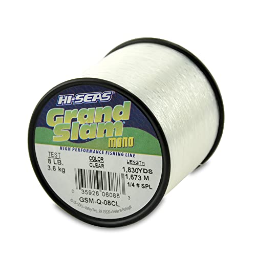 HI-SEAS Grand Slam Monofilament Fishing Line - Strong & Abrasion Resistant in Clear, Pink, Green, Smoke Blue, Fluorescent Yellow Freshwater & Saltwater – Quarter Pound Spool - color: Clear, style: 8 Lb Test, 0.27 Mm Dia, 1830 Yd
