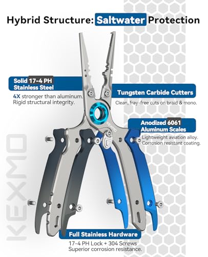 KEXMO 17-4 Stainless Steel Fishing Pliers, Anti-Twist Saltwater Hook Remover Tool, 7.17" Split Ring Pliers with Tungsten Cutters, Lightweight Aluminum Scales, Luminous Locking S-Carabiner - color: Blue