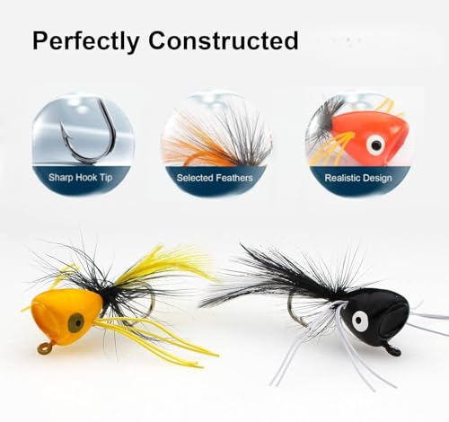 Fly Fishing Poppers,Topwater Popper Flies Bugs Lure, Dry Flies Kit for Bluegill Sunfish Bass Crappie Steelhead Flies Trout Salmon Perch for Fly Fishing Bass Panfish Bluegill Trout Salmon - color: 10pcs