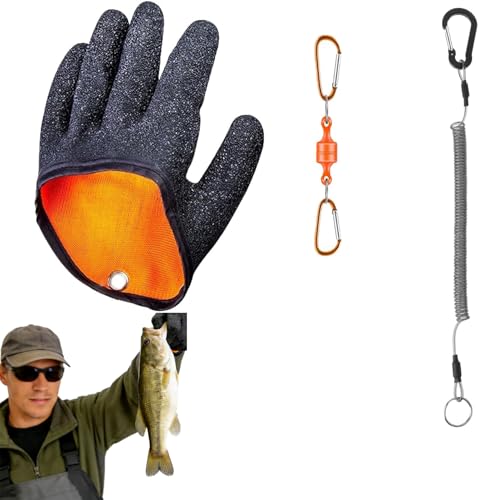 Fishing Gloves with Magnet Release, Fishing Lanyard, Puncture Resistant Fish Gloves for Handling, Taking Off Fish, Waterproof Fishing Accessories for Women Men