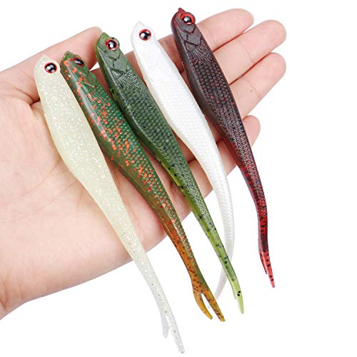RUNCL Anchor Box - Paddle Tail Swimbaits, Soft Jerk Baits, 20/40/50/60pcs Soft Fishing Lures, Curved Tail Grubs - 3D Lifelike Eyes, Split/Boot/Curved/Straight/Thin Tail - 1/2/3/4/5in, Proven Colors - color: J - Split Tail w/ External Etched Scales (5-1/8i