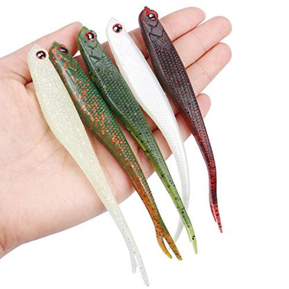 RUNCL Anchor Box - Paddle Tail Swimbaits, Soft Jerk Baits, 20/40/50/60pcs Soft Fishing Lures, Curved Tail Grubs - 3D Lifelike Eyes, Split/Boot/Curved/Straight/Thin Tail - 1/2/3/4/5in, Proven Colors - color: J - Split Tail w/ External Etched Scales (5-1/8i