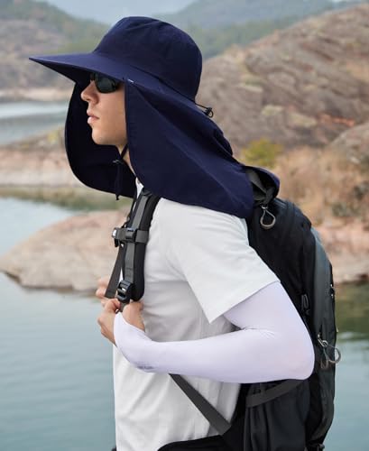 HUAMULAN Women Large Brim Sun Hat with Neck Flap, Men Quick Dry Hiking Fishing Safari Hat UPF 50+ - color: Navy With Mesh Panel