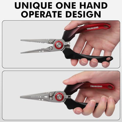 TRUSCEND Easy Use Lockable Fishing Pliers with Tungsten Carbide Cutter, Innovative Ergonomic Handy Handle, Saltwater Corrosion Resistant Teflon Coated Fishing Tool, Light Multi-Function Fishing Gear - color: C1-straight Nose-red