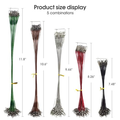 Stainless Steel Fishing Wire Leaders, Black Coated & Uncoated Options, Heavy Strength 31–100LB, 6–21in Multi Sizes with Rolling Swivels Snaps for Salt Fresh Water Shark Pike Barracuda - color: 7in/8in/9in/10in/11in-100pcs(31LB)