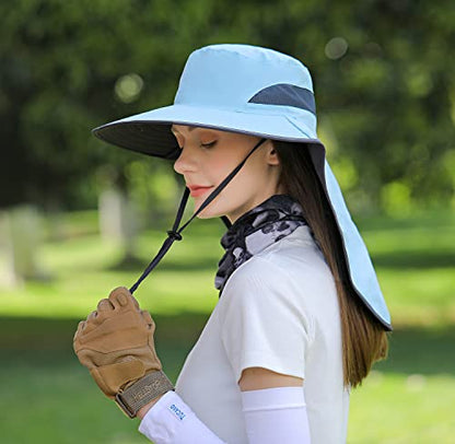 HUAMULAN Women Large Brim Sun Hat with Neck Flap, Men Quick Dry Hiking Fishing Safari Hat UPF 50+ - color: Hyp011-blue