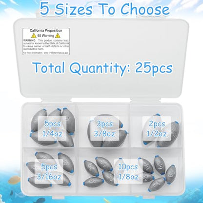 25Pcs 5 Size Egg Fishing Sinker Weights Assortment | Oval Shaped Bullet Bass Casting Fishing Weights for Saltwater Freshwater