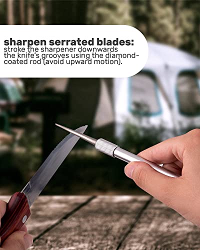 Wamery Serrated Knife Sharpener - Retractable Diamond Rod Pocket Sharpener for Serrated & Straight Blades - Multifunctional Sharpening Tool for Outdoor Kitchen Fishing Hunting (Silver) - color: Silver