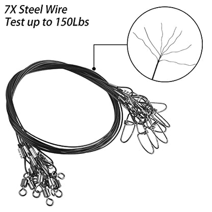 Fishing Wire Leaders Saltwater, 15pcs Heavy Duty 150LB Stainless Steel Line Leaders with Rolling Swivels and Snaps Nylon-Coated Saltwater Line Wire Leader Connect Tackle Lures Rig or Hooks 19.7inch - color: Black