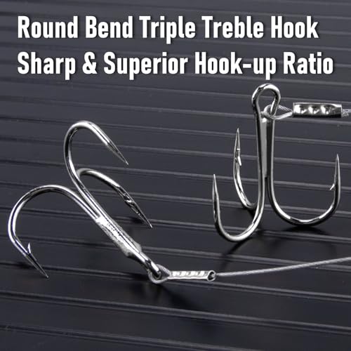 Dr.Fish 10 Pack Stinger Hooks Walleye Rig Jig Treble Hook Steel Wire Leader Trolling Stinger Rig Round Bend Triple Hook