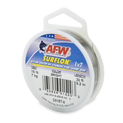 American Fishing Wire Surflon Nylon Coated 1x7 Stainless Steel Wire Leader - Wire Fishing Leader Line for Saltwater 10lb Up To 250lb Test in Bright, Black, Camo in 30ft, 100ft, 300ft, & 1000ft Lengths - color: Bright, style: 30 Feet, 15 Pound Test