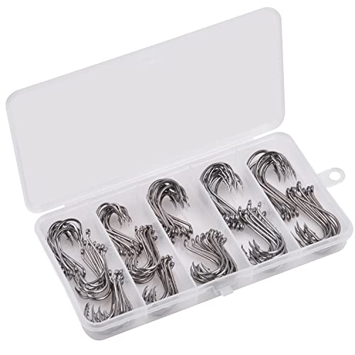 Octopus Baitholder Fishing Hooks Kit,130pcs Offset Octopus Circle Hooks Set Catfish J Hooks High Carbon Steel Barbed Jig Fishhooks for Freshwater Saltwater Size 1/0-5/0