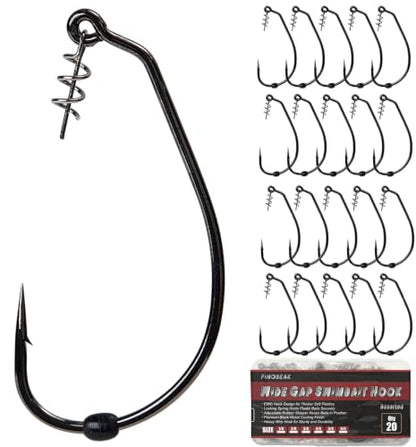 EWG Swimbait Hooks with Screw Lock, 20Pcs Bass Hooks 1/0-6/0 | Wide Gap Weedless Hooks for Bass Fishing, Bait Stopper Beads for DIY Riggings, Sharp Soft Plastic Worm Hooks - size: 1/0-20Pcs