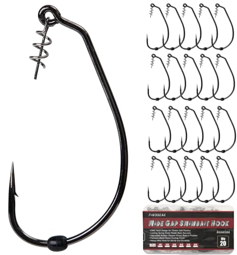 EWG Swimbait Hooks with Screw Lock, 20Pcs Bass Hooks 1/0-6/0 | Wide Gap Weedless Hooks for Bass Fishing, Bait Stopper Beads for DIY Riggings, Sharp Soft Plastic Worm Hooks - size: 5/0-20Pcs