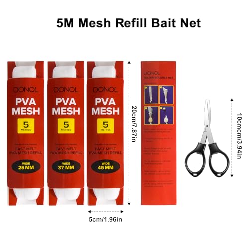 DONQL 5M PVA Mesh Carp Fishing with Scissors, 3 Pcs PVA Bags Carp Fishing, 45" Fast Water Soluble Mesh Bags Refill Bait - size: 25/37/44MM