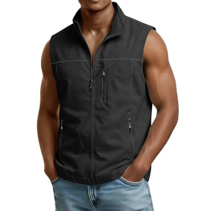 Mens Golf Vest Waterproof Fishing Shirt Zip Up Sleeveless Jacket with Pockets Outdoor Camping Hiking Shirts Travel Photo Vest - color: A03 Black, size: X-Large
