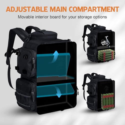 Goture Fishing Backpack with 4 Tackle Boxes,58L 900D Water-Resistant Tackle Backpack with Cooler,Rod Holders,8 Lure Pockets, Detachable Crossbody Bag,Gear Storage Large Fishing Bag for Camping Hiking - color: D1:black With 4 Tackle Boxes