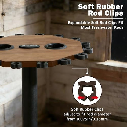 Rush Creek Creations 16-Rod Round Fishing Rod Holder for Garage, 360° Access Fishing Pole Holder for Fishing Rods, Reels, Gear, and Accessories, Securely Holds 16 Rods, Wood Grain - color: Wood Grain
