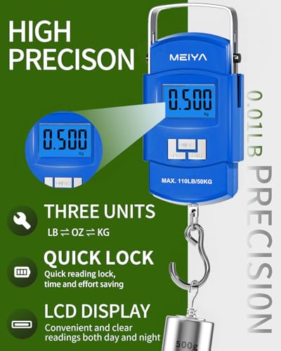 MEIYA Fish Scale 110lb Portable Luggage Scale Travel Digital Hanging Scale with Hook, Fishing Gifts for Men, Weighing Tool for Suitcases & Fish, Includes 2 AAA Batteries, Backlit LCD Display (Blue) - color: Blue