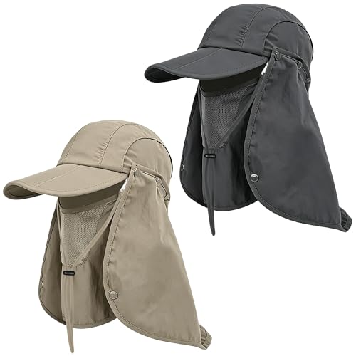 2Pack Men’s Foldable Sun Hat with Removable Face Mask & Neck Flap, UPF 50+ UV Protection, Quick-Drying Outdoor Fishing Cap - color: Dark Grey+khaki