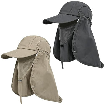 2Pack Men’s Foldable Sun Hat with Removable Face Mask & Neck Flap, UPF 50+ UV Protection, Quick-Drying Outdoor Fishing Cap - color: Dark Grey+khaki