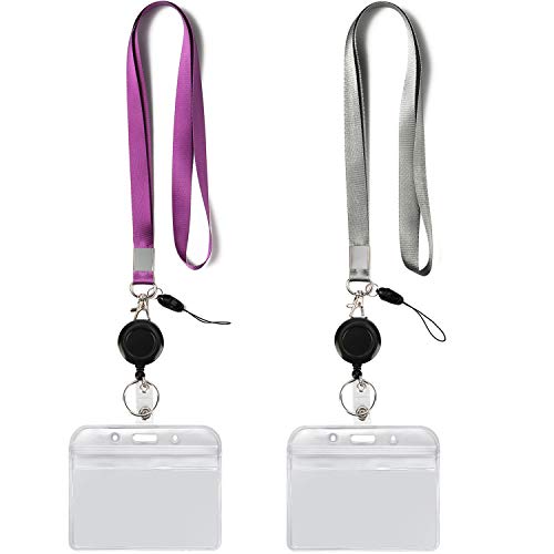 2Pack Lanyards,Horizontal ID Badge Holders, Retractable Reel,Purple,Grey | Lightweight with Metal Hook,for Office etc - color: Grey&purple&badge Reel-badge Holder Horizontal