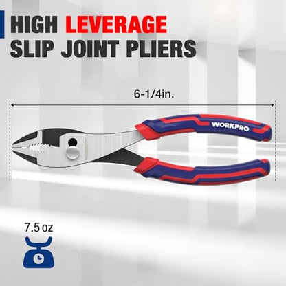 WORKPRO 6” Slip Joint Pliers Tool, Large Soft Grip,Rust Prevention Finish, 3-Zone Serrated Jaw Forged from High Carbon Steel for Maximum Grip - size: 6-inch